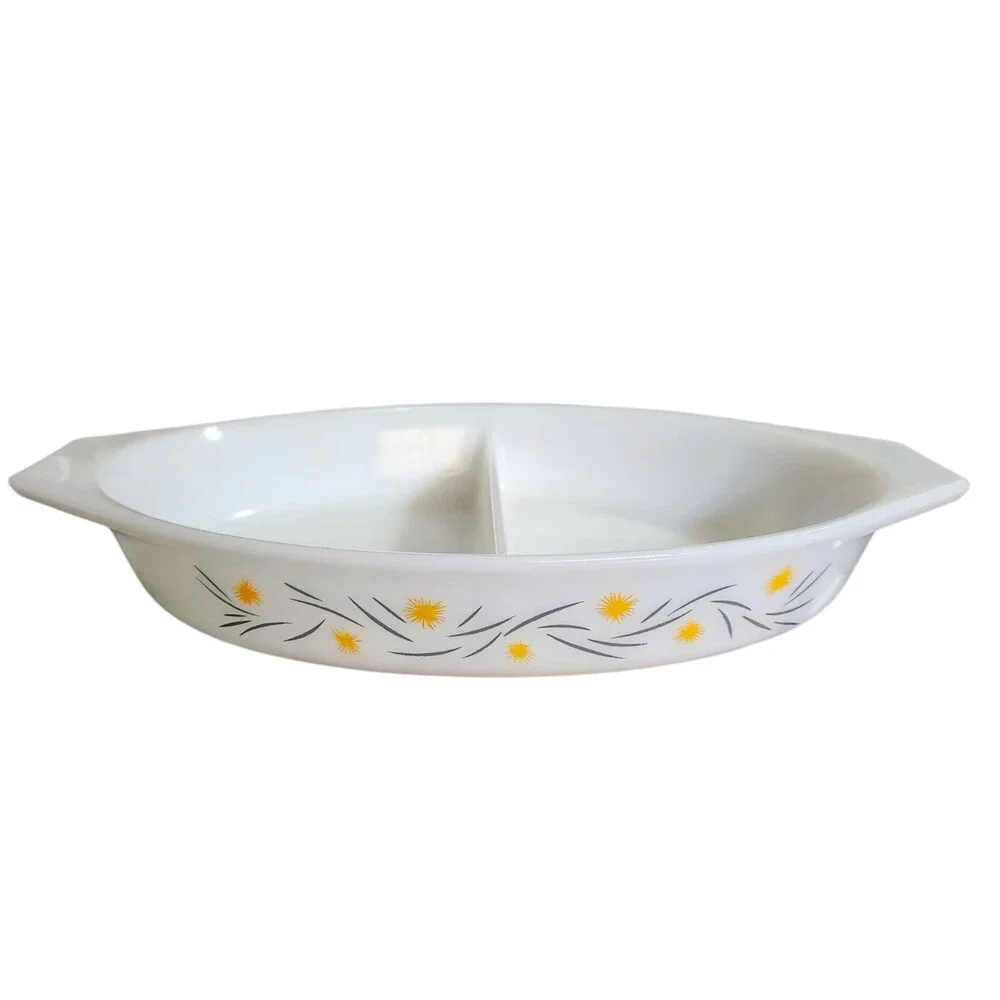 Vintage Rigopal Horno Argentina Pyrex Divided Dish Opal Glass w/ Yellow Flowers